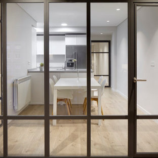 Inspiration for a mid-sized scandinavian single-wall open plan kitchen in Other with a drop-in sink, flat-panel cabinets, white cabinets, limestone benchtops, stainless steel appliances, ceramic floors and a peninsula.