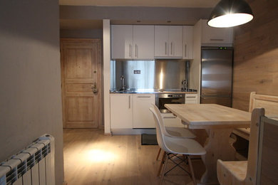 Diseño de cocina lineal escandinava pequeña abierta con fregadero integrado, puertas de armario blancas, encimera de acero inoxidable, electrodomésticos de acero inoxidable y suelo de madera clara