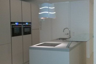 Foto de cocina lineal contemporánea de tamaño medio abierta con armarios con paneles lisos y península