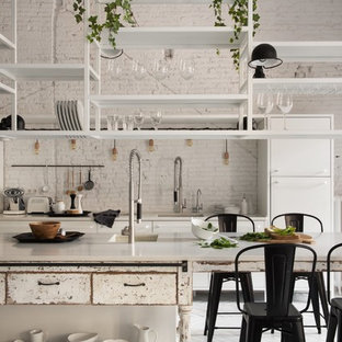Design ideas for a large shabby-chic style galley eat-in kitchen in Other with a single-bowl sink, open cabinets, white cabinets, painted wood floors and with island.