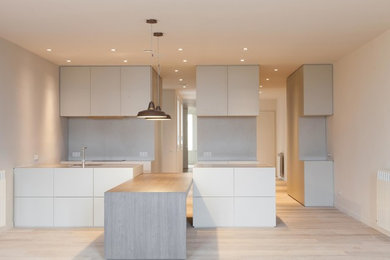 Inspiration for a large contemporary galley open plan kitchen in Barcelona with a single-bowl sink, flat-panel cabinets, grey cabinets, stainless steel appliances and no island.