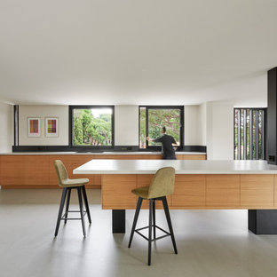 Ejemplo de cocina en L, minimalista, grande, abierta, con fregadero integrado, armarios con paneles empotrados, puertas de armario de madera clara, encimera de cuarzo compacto, salpicadero negro, salpicadero de madera, electrodomésticos negros, suelo de cemento, una isla, suelo gris y encimeras grises