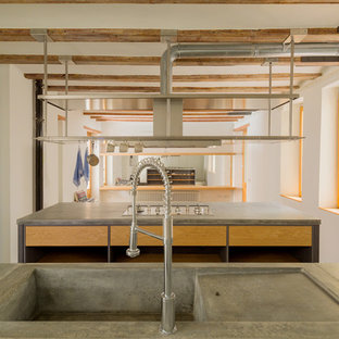 Imagen de cocina lineal y de microcemento, industrial, grande, con armarios abiertos, puertas de armario de madera oscura, encimera de piedra caliza, una isla y microcemento