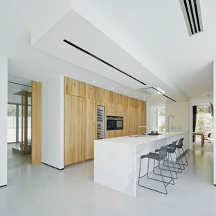Ejemplo de cocina de galera, minimalista, grande, con armarios con paneles lisos, puertas de armario de madera oscura, electrodomésticos negros, suelo de cemento, suelo gris y una isla