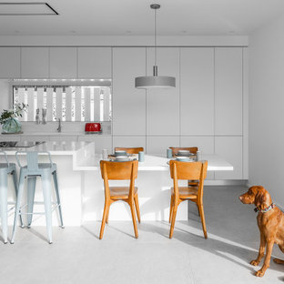 Ejemplo de cocina de galera, moderna, con armarios con paneles lisos, puertas de armario blancas, electrodomésticos de acero inoxidable, una isla, suelo gris y encimeras blancas