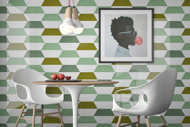 Cette image montre une salle à manger minimaliste avec un mur vert.