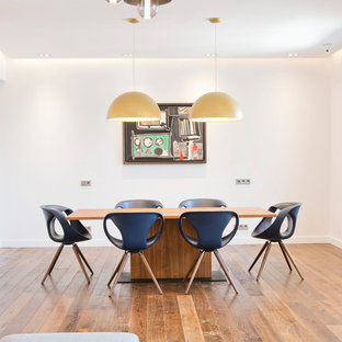 Imagen de comedor actual, grande, abierto, sin chimenea, con paredes blancas y suelo de madera en tonos medios