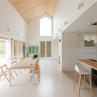 Modelo de comedor de cocina escandinavo, extra grande, sin chimenea, con paredes blancas, suelo de cemento y suelo beige