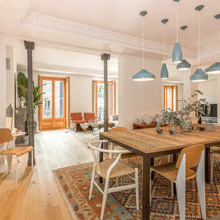 Diseño de comedor ecléctico, grande, cerrado, sin chimenea, con paredes blancas, suelo de madera en tonos medios y suelo marrón