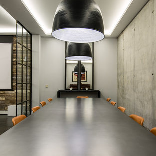 Idee per una grande sala da pranzo industriale chiusa con pareti grigie e nessun camino