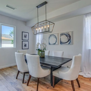 Ispirazione per una sala da pranzo aperta verso la cucina design di medie dimensioni con pareti bianche, pavimento in legno massello medio, camino sospeso, cornice del camino in metallo e pavimento marrone