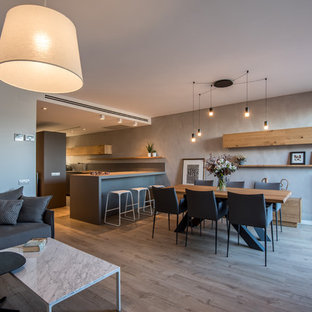 Ispirazione per una grande sala da pranzo aperta verso il soggiorno minimal con pareti grigie, pavimento in laminato, camino bifacciale, cornice del camino in metallo e pavimento marrone