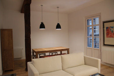 Modelo de comedor actual de tamaño medio abierto con paredes blancas y suelo de madera en tonos medios