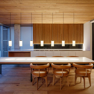Foto de comedor moderno, extra grande, cerrado, sin chimenea, con paredes blancas, suelo de madera en tonos medios y suelo marrón