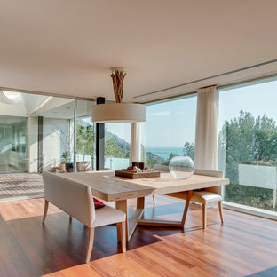 Modelo de comedor escandinavo, de tamaño medio, abierto, sin chimenea, con suelo de madera en tonos medios y paredes blancas