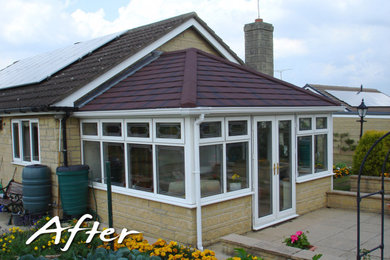 This is an example of a medium sized classic conservatory in Hampshire with ceramic flooring, no fireplace, a standard ceiling and beige floors.