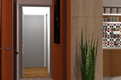 Idées déco pour un petit couloir classique avec un mur orange, un sol en carrelage de céramique et un sol orange.