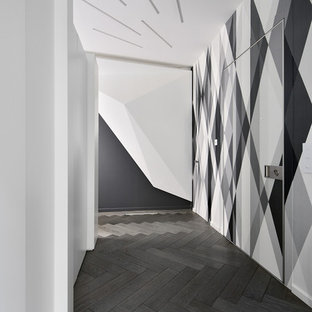 Cette image montre un couloir design de taille moyenne avec un mur multicolore et un sol en bois foncé.