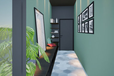 Exemple d'un petit couloir tendance avec un mur vert, un sol en carrelage de céramique et un sol gris.
