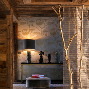 Cette image montre un couloir chalet de taille moyenne avec un mur marron et un sol en bois foncé.