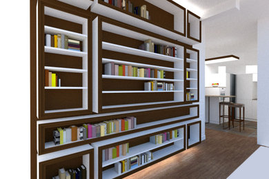 Cette image montre un couloir minimaliste de taille moyenne avec un mur blanc, parquet clair et un sol marron.