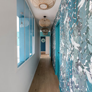 Cette photo montre un couloir tendance avec un mur bleu, un sol en bois clair et un sol marron.