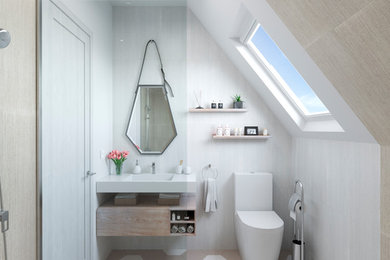 Photo of a small modern shower room bathroom in Madrid with freestanding cabinets, white cabinets, a built-in shower, an urinal, white tiles, ceramic tiles, ceramic flooring, an integrated sink, beige floors, an open shower and white worktops.