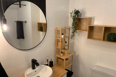 Small minimalist master white tile and ceramic tile ceramic tile, white floor and single-sink bathroom photo in Madrid with flat-panel cabinets, white cabinets, white walls, a vessel sink, wood countertops, brown countertops and a floating vanity