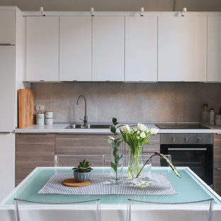 Foto di una piccola cucina scandinava con lavello sottopiano, ante lisce, ante bianche, paraspruzzi grigio, paraspruzzi con piastrelle in ceramica, elettrodomestici in acciaio inossidabile e nessuna isola