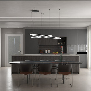 Réalisation d'une très grand cuisine américaine parallèle minimaliste avec un évier 1 bac, un placard à porte plane, des portes de placard grises, un plan de travail en quartz modifié, une crédence grise, un électroménager en acier inoxydable, un îlot central, un plan de travail gris et un plafond décaissé.
