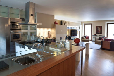 Esempio di una cucina design con ante di vetro, ante in legno chiaro, elettrodomestici in acciaio inossidabile e pavimento marrone