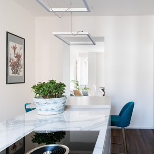 Esempio di una cucina design di medie dimensioni con ante lisce, top in superficie solida, parquet scuro, top bianco, ante bianche, elettrodomestici da incasso e pavimento marrone