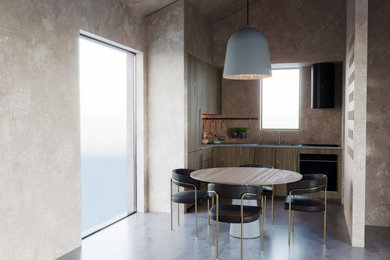 Idee per una sala da pranzo aperta verso il soggiorno contemporanea di medie dimensioni con pavimento in cemento e pavimento grigio