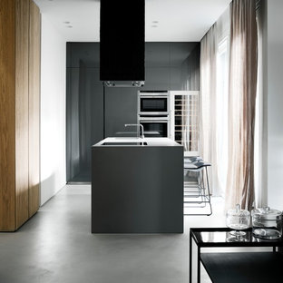 Immagine di una cucina moderna di medie dimensioni con lavello integrato, ante lisce, ante grigie, elettrodomestici in acciaio inossidabile, pavimento in cemento e isola