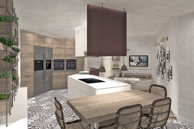 Ispirazione per un'ampia cucina moderna con pavimento in gres porcellanato e pavimento grigio