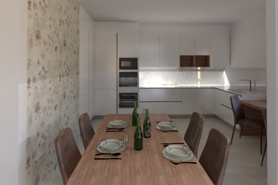 Esempio di una grande cucina moderna con lavello sottopiano, ante lisce, ante bianche, top in quarzo composito, elettrodomestici in acciaio inossidabile, pavimento in marmo, pavimento beige e top bianco