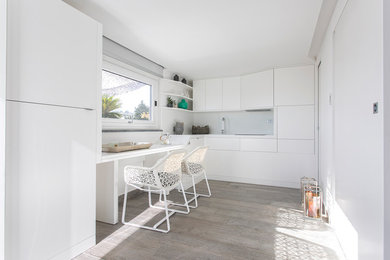 Foto di una cucina minimalista chiusa e di medie dimensioni con ante bianche