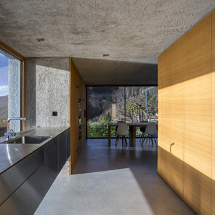 Foto di una cucina parallela minimalista con lavello integrato, ante lisce, ante in legno scuro, pavimento in cemento, nessuna isola, pavimento grigio e top grigio