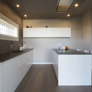 Esempio di una cucina parallela contemporanea di medie dimensioni con lavello integrato, ante lisce, ante bianche, penisola, pavimento marrone e top grigio