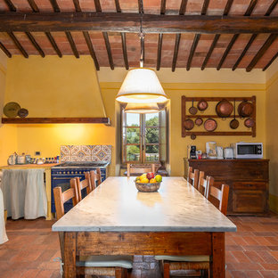 Ispirazione per un cucina con isola centrale mediterraneo chiuso con elettrodomestici colorati, pavimento in terracotta, pavimento arancione e top grigio
