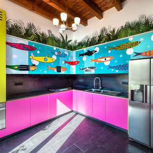 Eclectic kitchen designs - Kitchen - eclectic l-shaped gray floor kitchen idea in Milan with a drop-in sink, flat-panel cabinets, purple cabinets, gray backsplash and stainless steel appliances