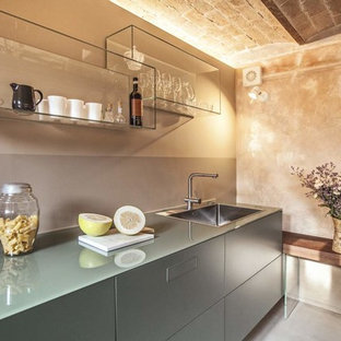 Esempio di una cucina industriale con lavello a vasca singola, ante lisce, ante grigie, pavimento in cemento, pavimento grigio, top in vetro, paraspruzzi grigio e top grigio