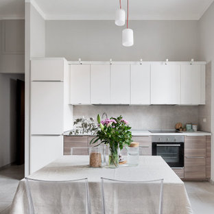 Idee per una piccola cucina lineare scandinava con pavimento in gres porcellanato e pavimento grigio