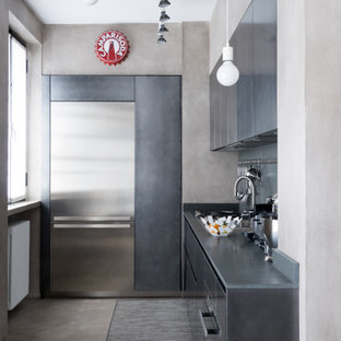 Ispirazione per una cucina a L minimal con ante lisce, ante grigie, nessuna isola, pavimento grigio e top grigio