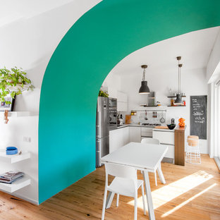 Idee per una piccola cucina minimal con penisola, ante lisce, ante bianche, elettrodomestici in acciaio inossidabile e parquet chiaro