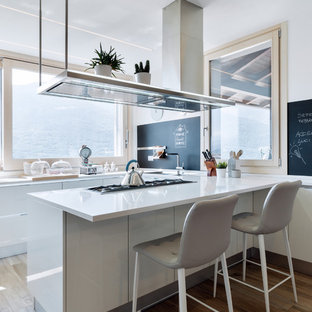 Ispirazione per una cucina ad U minimal con lavello a vasca singola, ante lisce, ante bianche, parquet chiaro, penisola e top bianco