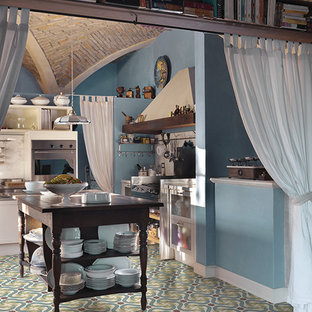 Design ideas for a large midcentury l-shaped separate kitchen in Bologna with a drop-in sink, open cabinets, white cabinets, marble benchtops, white splashback, mosaic tile splashback, stainless steel appliances, marble floors and no island.