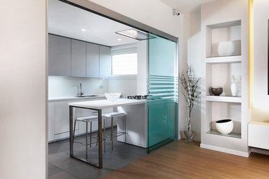 Foto di una cucina lineare minimalista di medie dimensioni e chiusa con ante lisce, ante bianche, paraspruzzi bianco, penisola e pavimento grigio