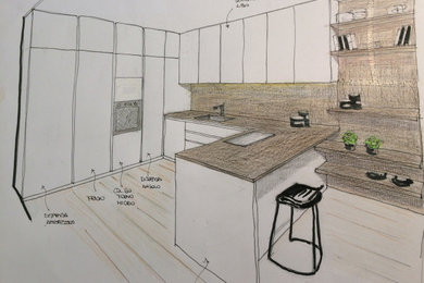 Idee per una cucina moderna con ante lisce, ante bianche, top in quarzite, paraspruzzi beige e top beige