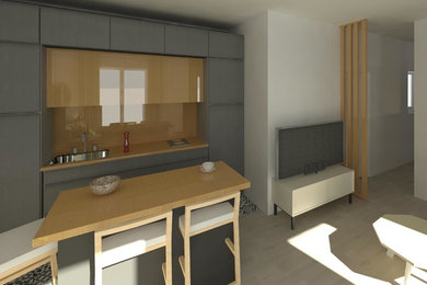 Design ideas for a small contemporary single-wall kitchen pantry in Paris with a single-bowl sink, wood worktops, white splashback, marble splashback, integrated appliances, laminate floors, an island and beige floors.